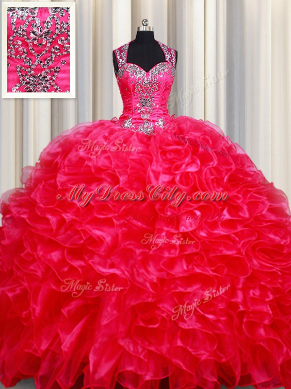 Luxurious Red Ball Gowns Straps Sleeveless Organza Floor Length Zipper Beading and Ruffles Sweet 16 Quinceanera Dress