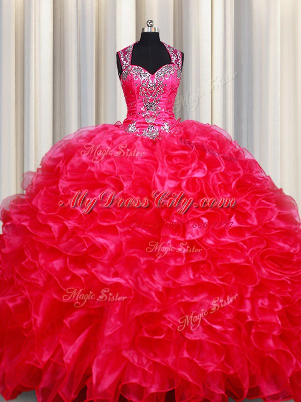 Luxurious Red Ball Gowns Straps Sleeveless Organza Floor Length Zipper Beading and Ruffles Sweet 16 Quinceanera Dress