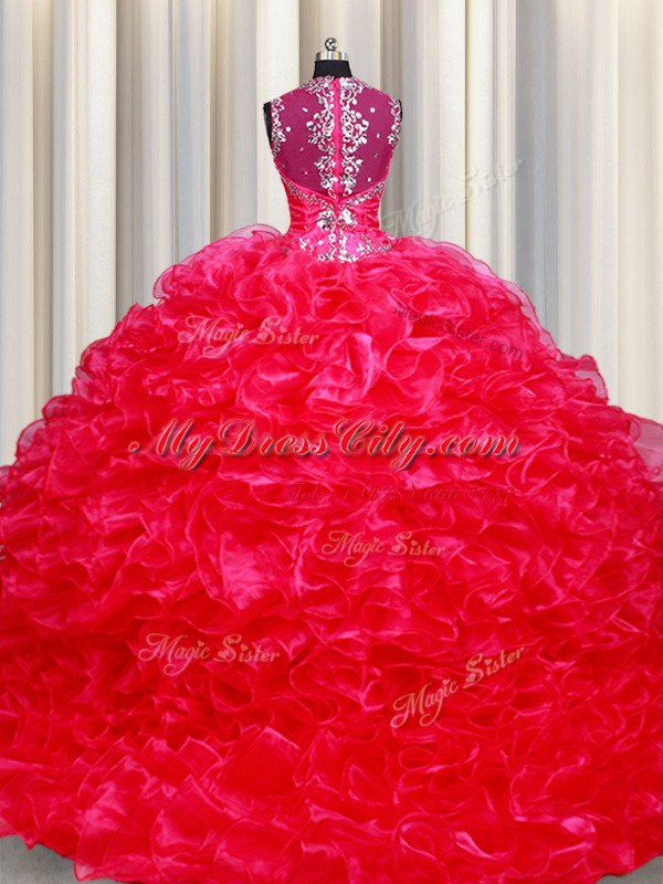 Luxurious Red Ball Gowns Straps Sleeveless Organza Floor Length Zipper Beading and Ruffles Sweet 16 Quinceanera Dress