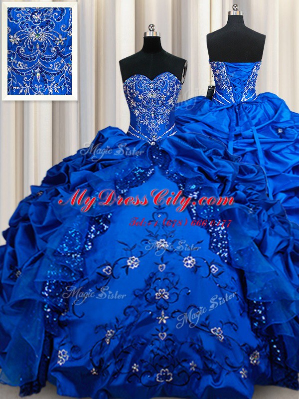 Captivating Taffeta Sweetheart Sleeveless Lace Up Beading and Embroidery and Sequins and Pick Ups Sweet 16 Dresses in Royal Blue