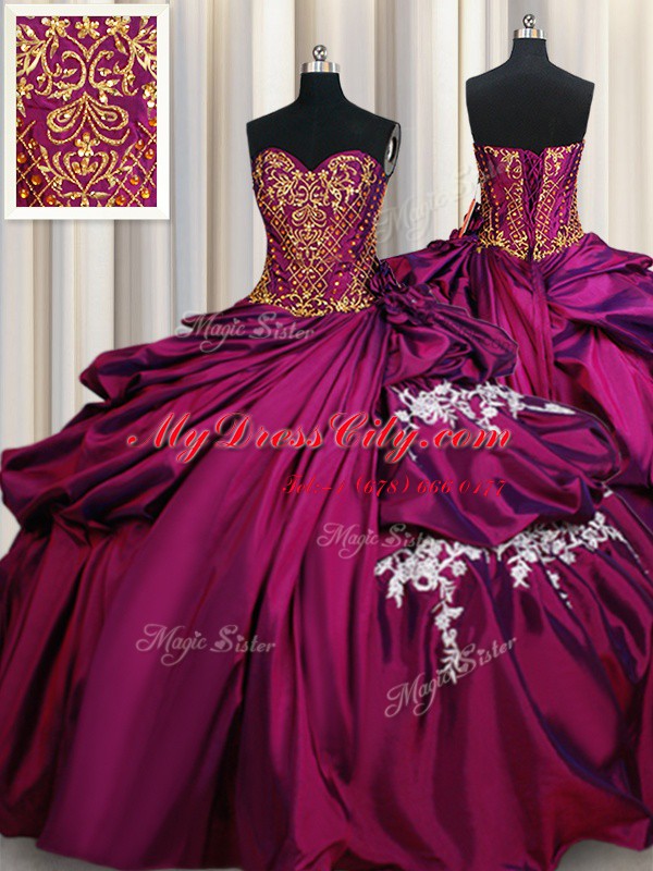 Extravagant Pick Ups Ball Gowns Vestidos de Quinceanera Fuchsia Sweetheart Taffeta Sleeveless Floor Length Lace Up