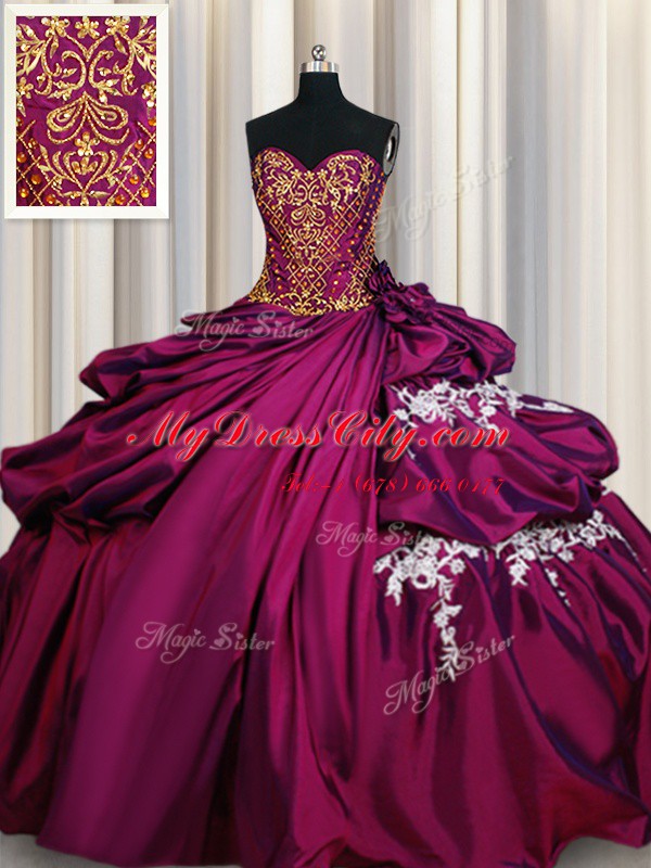 Extravagant Pick Ups Ball Gowns Vestidos de Quinceanera Fuchsia Sweetheart Taffeta Sleeveless Floor Length Lace Up