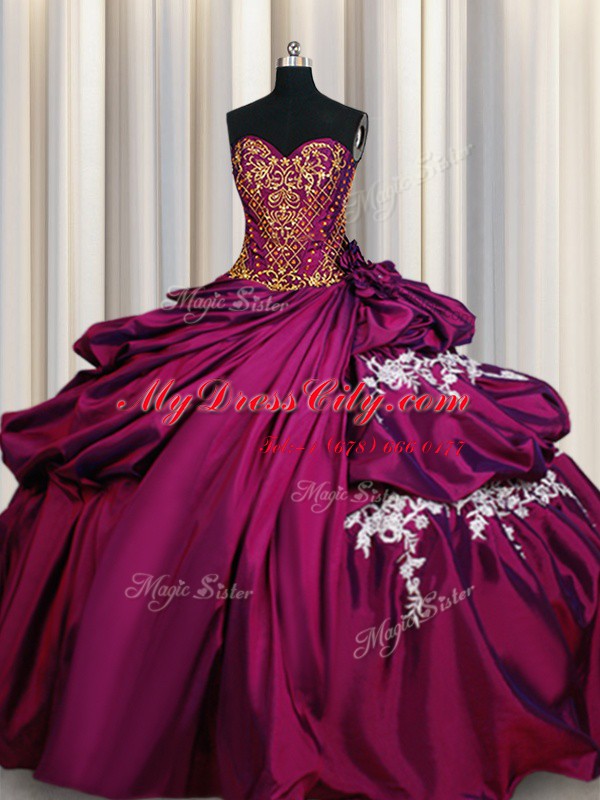 Extravagant Pick Ups Ball Gowns Vestidos de Quinceanera Fuchsia Sweetheart Taffeta Sleeveless Floor Length Lace Up