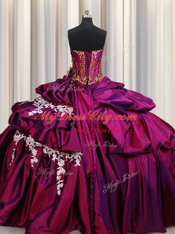 Extravagant Pick Ups Ball Gowns Vestidos de Quinceanera Fuchsia Sweetheart Taffeta Sleeveless Floor Length Lace Up