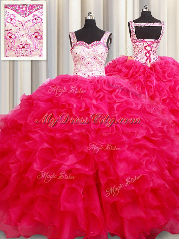 Straps Embroidery and Ruffles Quinceanera Dress Hot Pink Lace Up Sleeveless Floor Length