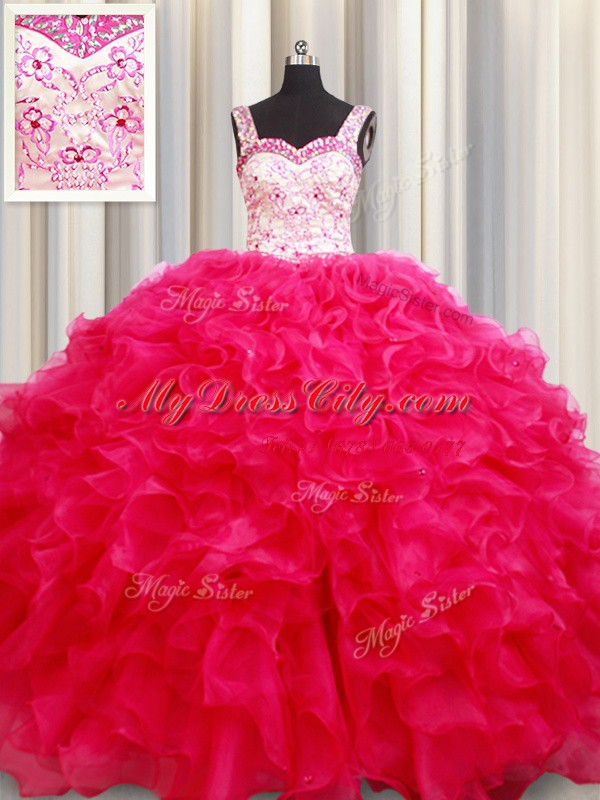 Straps Embroidery and Ruffles Quinceanera Dress Hot Pink Lace Up Sleeveless Floor Length