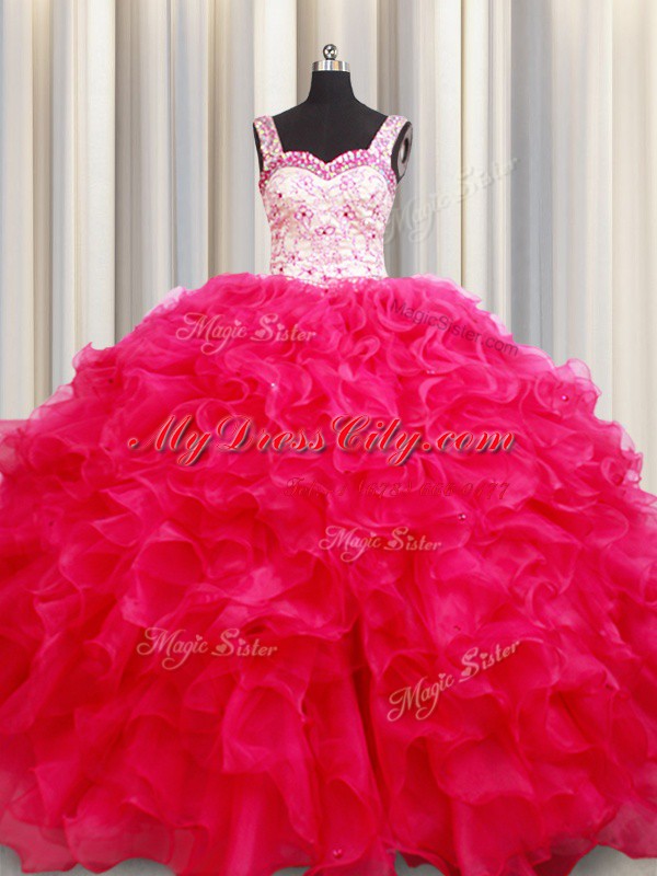 Straps Embroidery and Ruffles Quinceanera Dress Hot Pink Lace Up Sleeveless Floor Length