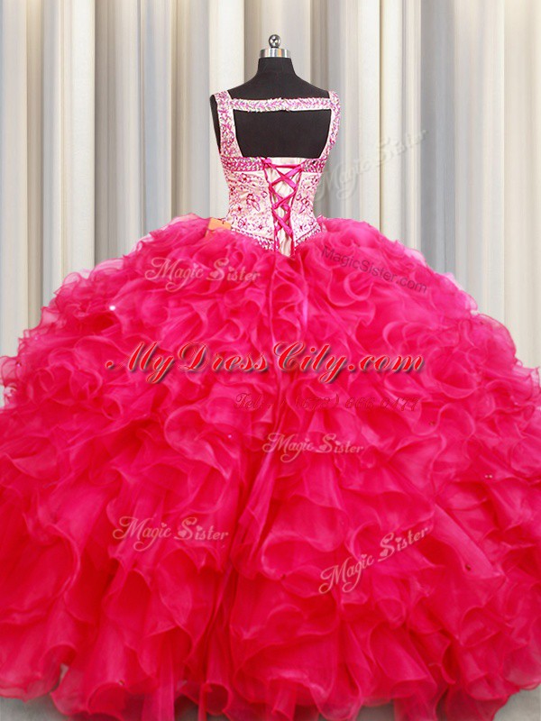 Straps Embroidery and Ruffles Quinceanera Dress Hot Pink Lace Up Sleeveless Floor Length