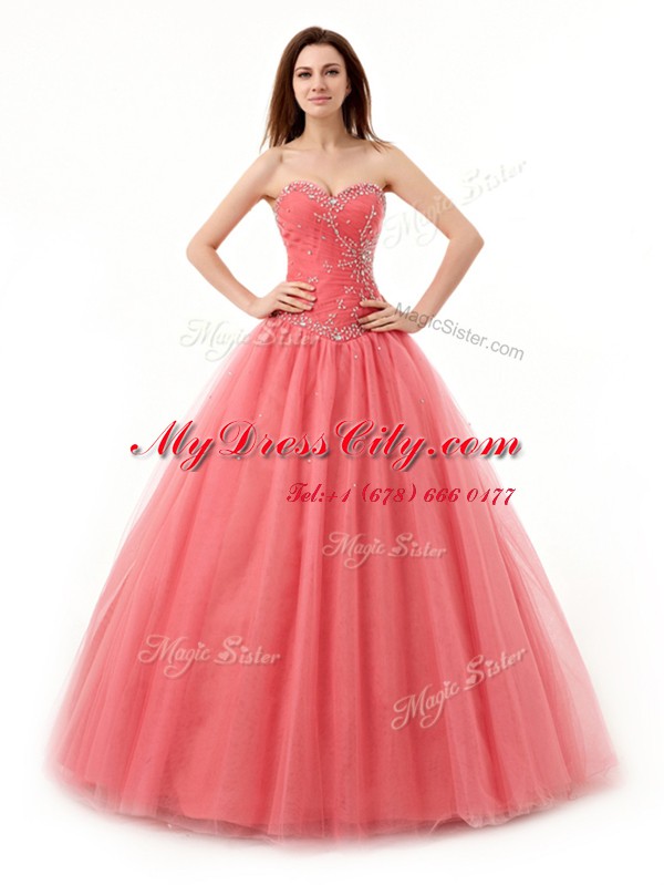 Best Selling Watermelon Red Tulle Lace Up Sweetheart Sleeveless Floor Length Sweet 16 Quinceanera Dress Beading and Ruching