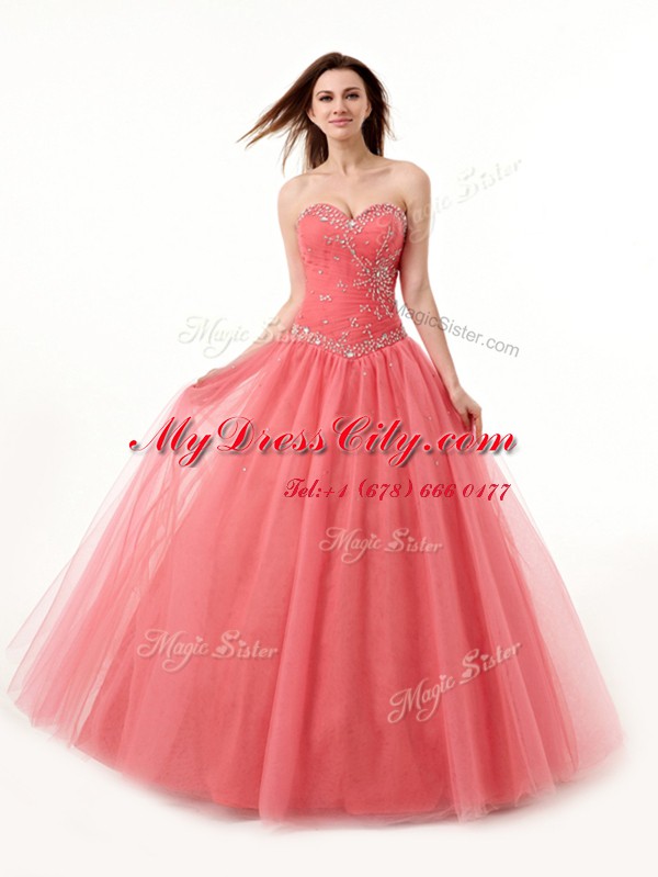 Best Selling Watermelon Red Tulle Lace Up Sweetheart Sleeveless Floor Length Sweet 16 Quinceanera Dress Beading and Ruching