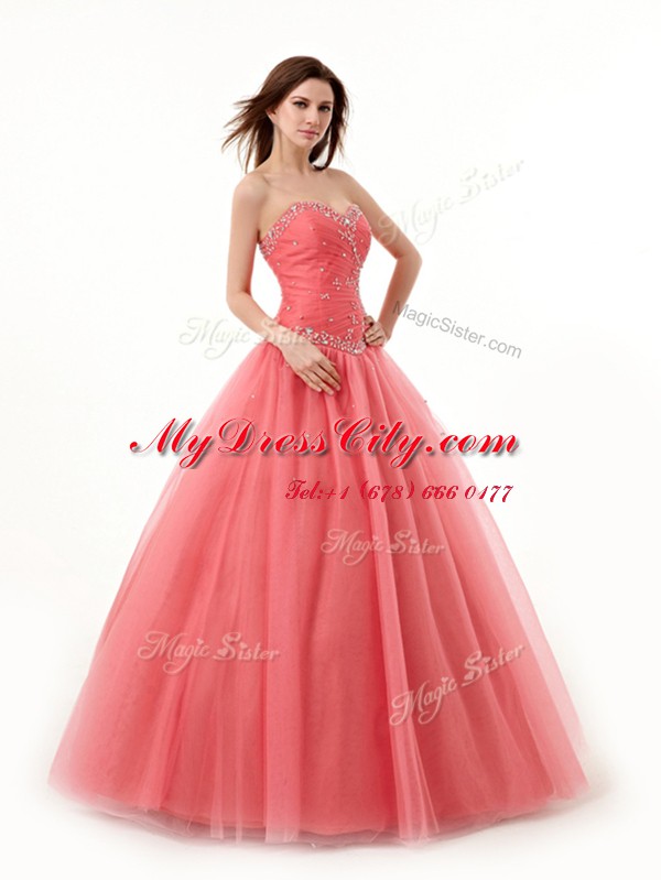 Best Selling Watermelon Red Tulle Lace Up Sweetheart Sleeveless Floor Length Sweet 16 Quinceanera Dress Beading and Ruching