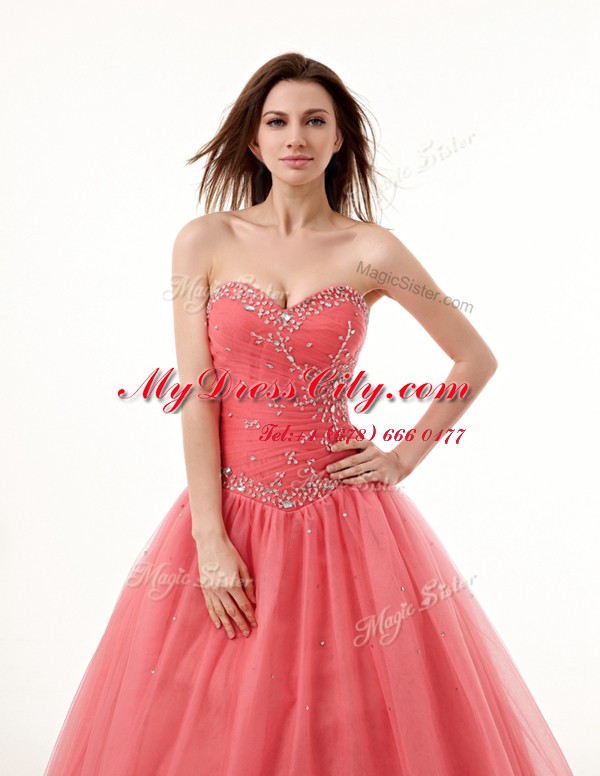 Best Selling Watermelon Red Tulle Lace Up Sweetheart Sleeveless Floor Length Sweet 16 Quinceanera Dress Beading and Ruching