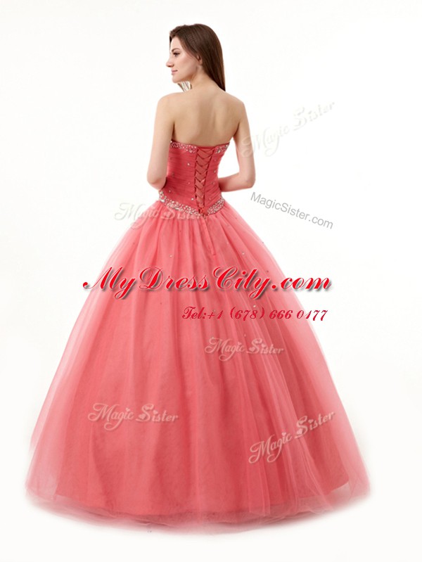 Best Selling Watermelon Red Tulle Lace Up Sweetheart Sleeveless Floor Length Sweet 16 Quinceanera Dress Beading and Ruching