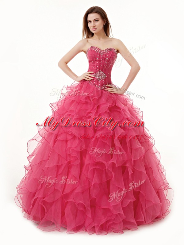 Luxurious Sweetheart Sleeveless Lace Up 15th Birthday Dress Coral Red Organza