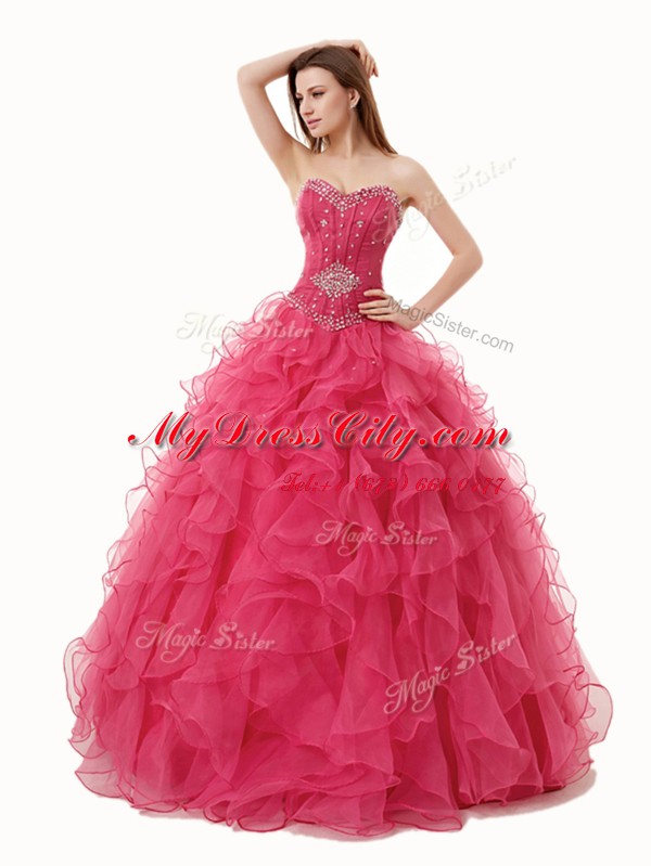 Luxurious Sweetheart Sleeveless Lace Up 15th Birthday Dress Coral Red Organza