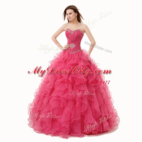 Luxurious Sweetheart Sleeveless Lace Up 15th Birthday Dress Coral Red Organza