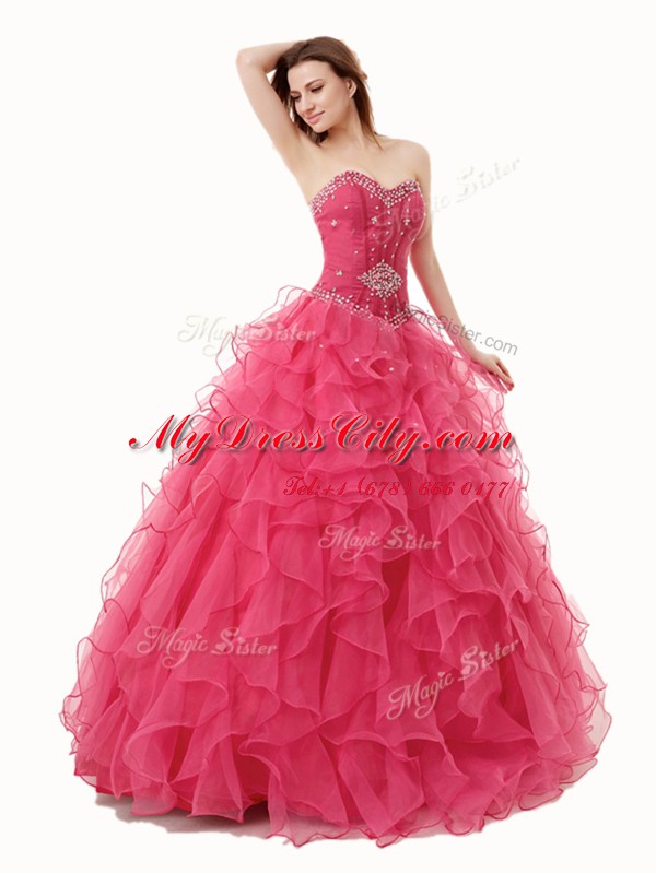 Luxurious Sweetheart Sleeveless Lace Up 15th Birthday Dress Coral Red Organza