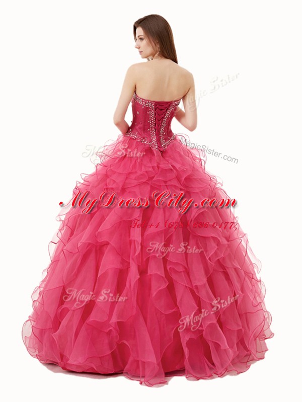 Luxurious Sweetheart Sleeveless Lace Up 15th Birthday Dress Coral Red Organza