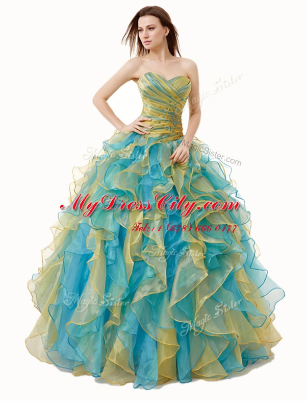 Affordable Multi-color Sleeveless Organza Lace Up Quinceanera Dress for Military Ball and Sweet 16 and Quinceanera