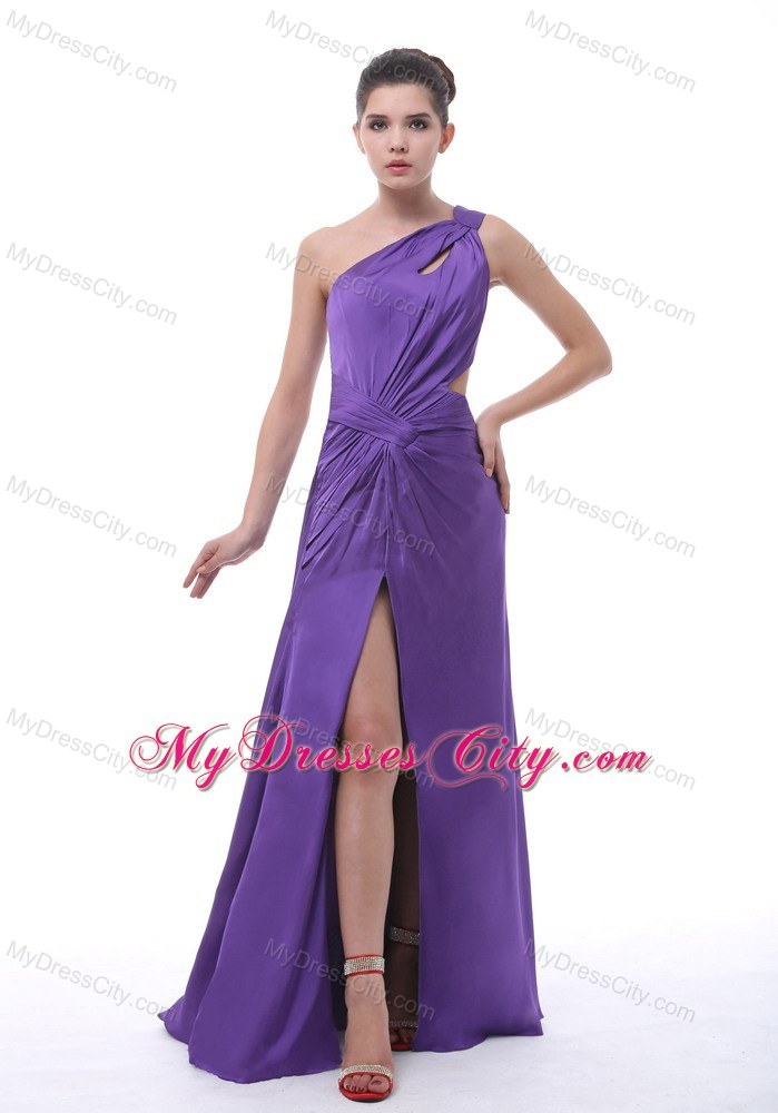 Chiffon Ruche One Should Purple Cutout Back Prom Dress