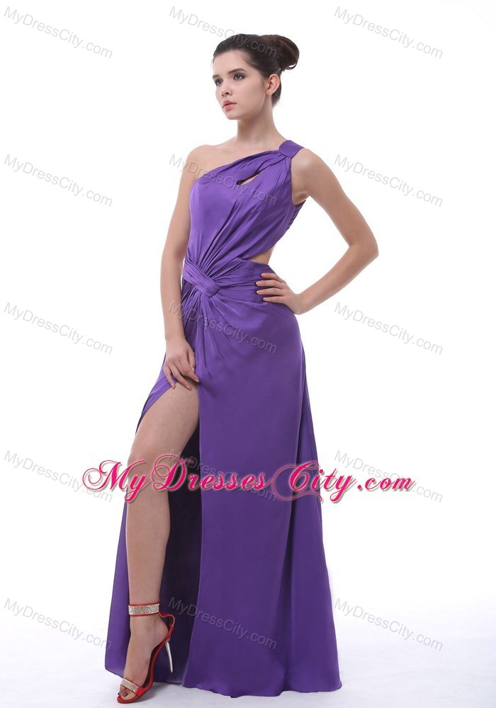 Chiffon Ruche One Should Purple Cutout Back Prom Dress