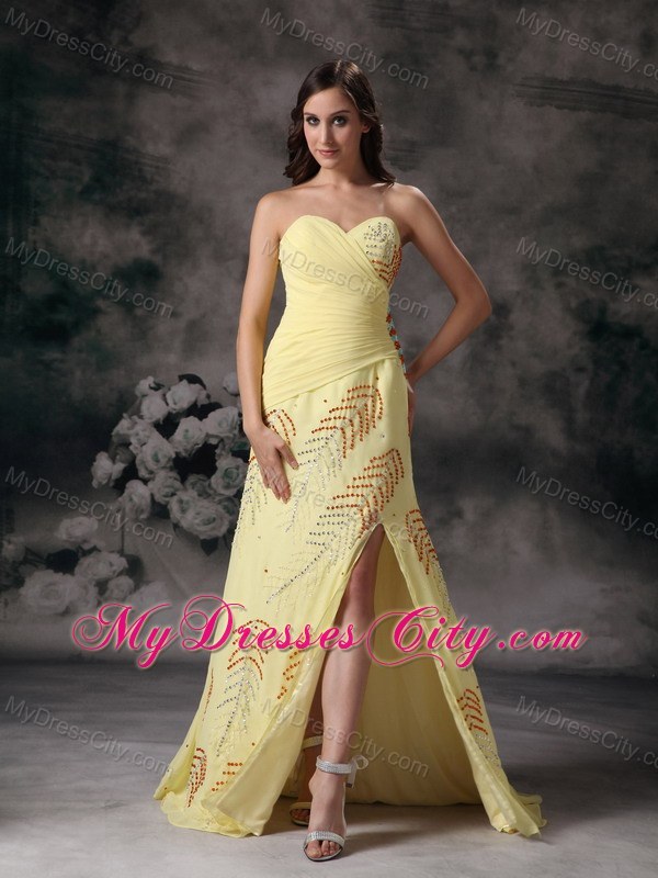 Sweetheart Beaded Ruching High Slit Prom Dress for Girls