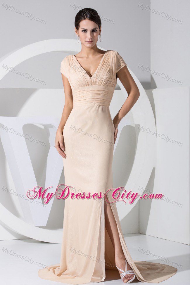 V-neck Prom Dress with Brush Train and Peekaboo Keyhole Back