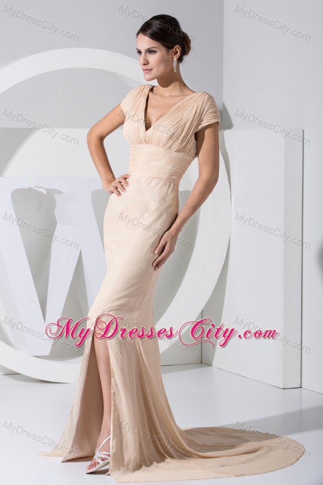 V-neck Prom Dress with Brush Train and Peekaboo Keyhole Back