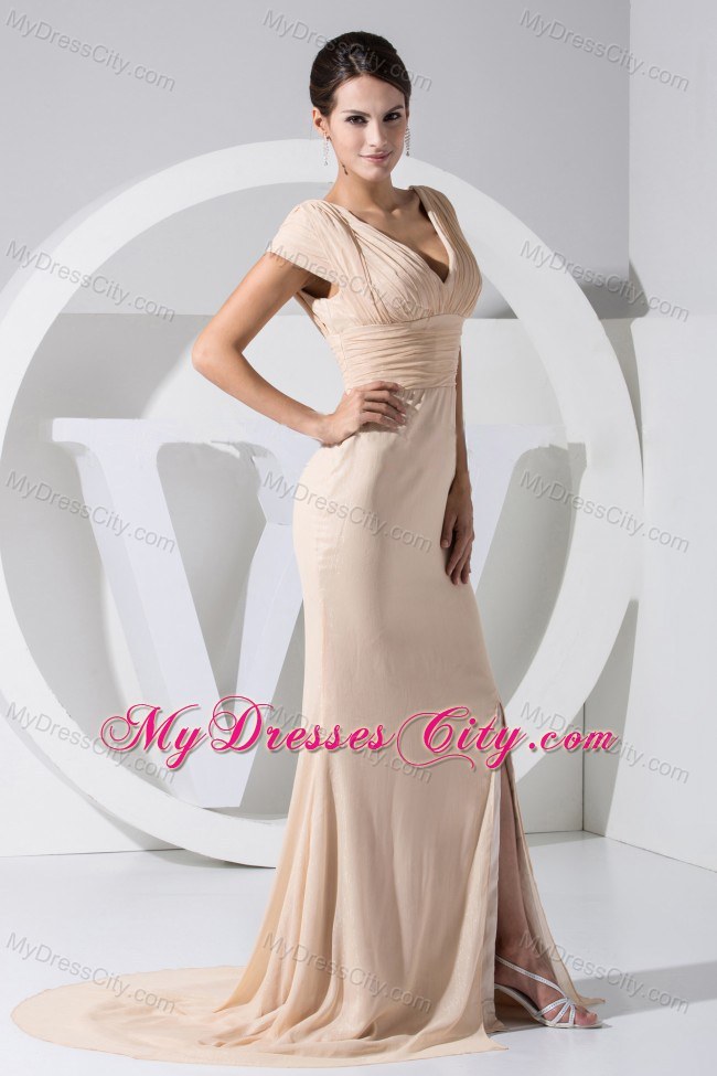 V-neck Prom Dress with Brush Train and Peekaboo Keyhole Back