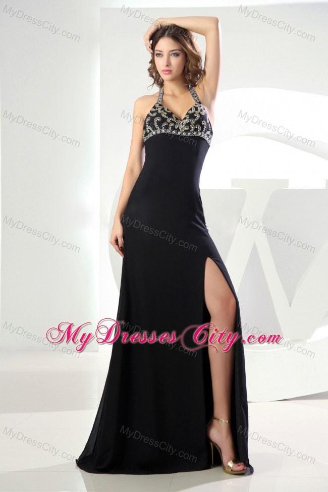 Halter Top Beading Slit Black Cool Back Prom Dresses for Cheap