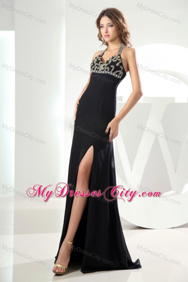 Halter Top Beading Slit Black Cool Back Prom Dresses for Cheap