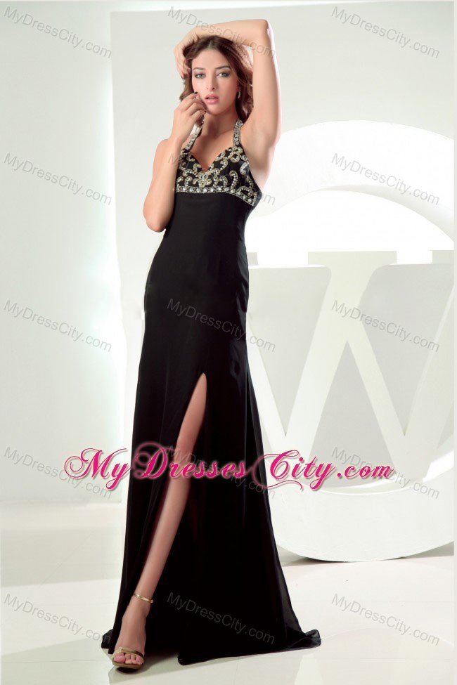 Halter Top Beading Slit Black Cool Back Prom Dresses for Cheap