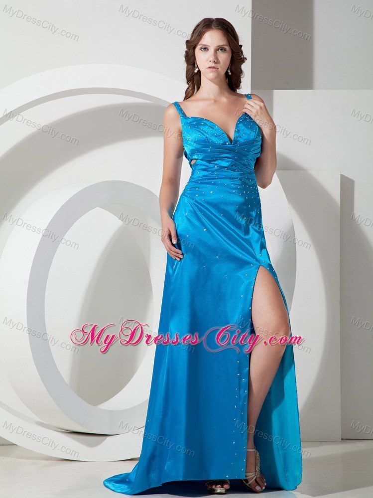 Sky Blue Beading Straps Slit Prom Dress with Criss Cross Back