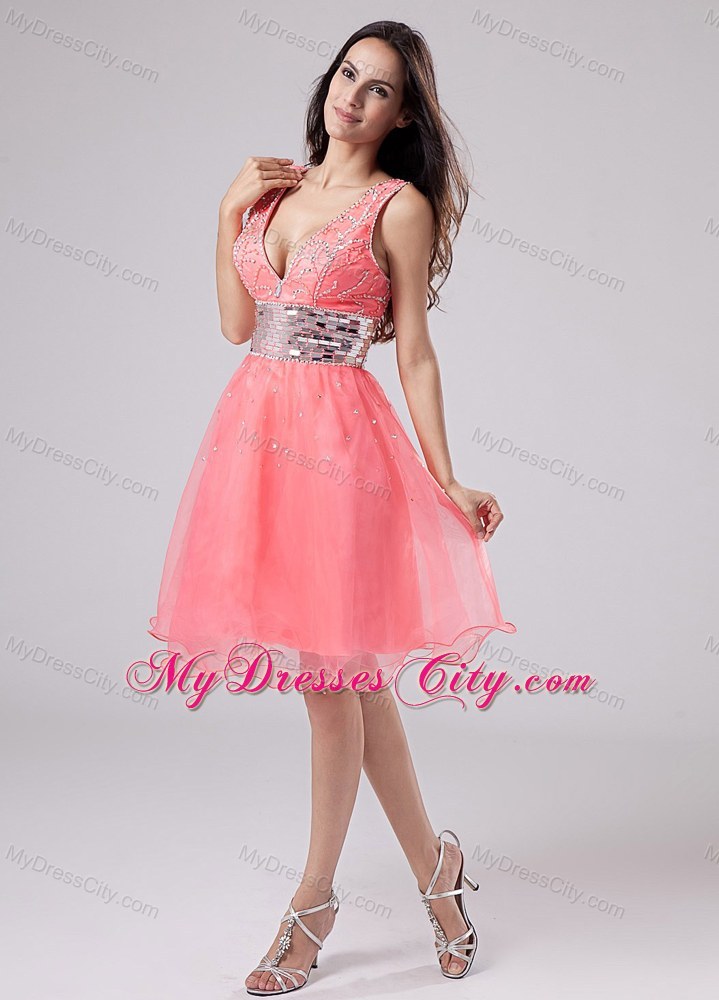 Watermelon Paillette V-neck A-Line Knee-length Prom Dress