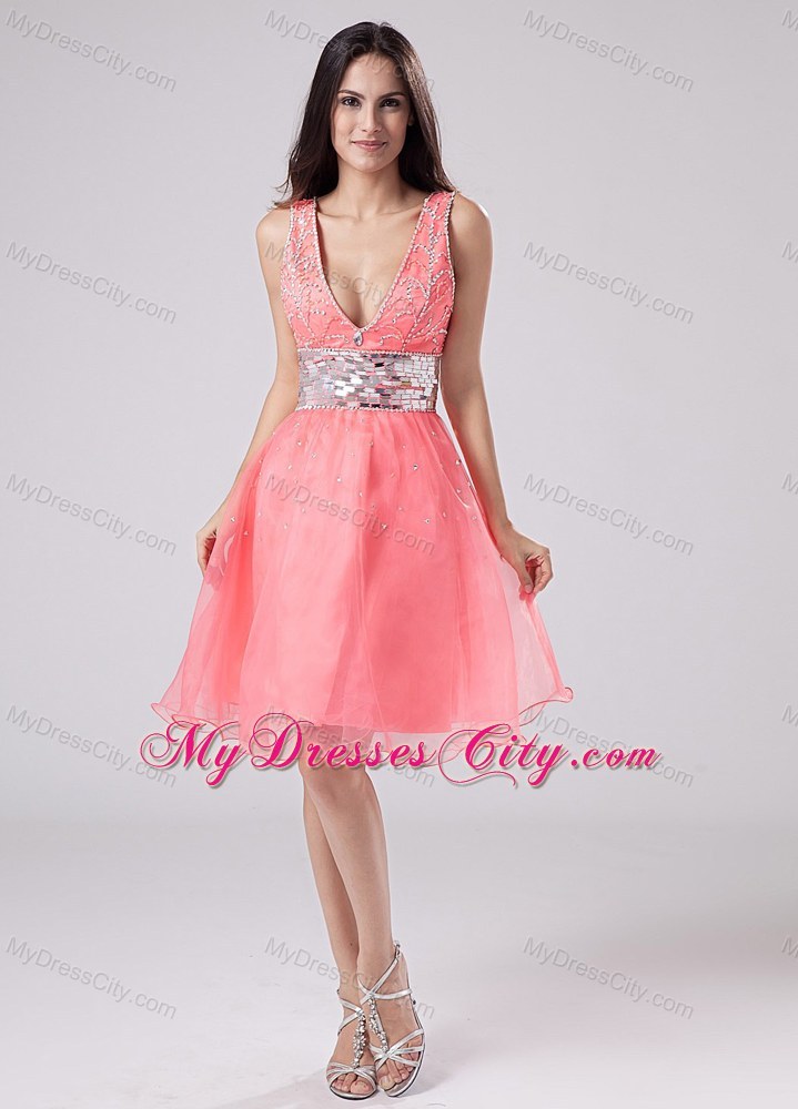 Watermelon Paillette V-neck A-Line Knee-length Prom Dress