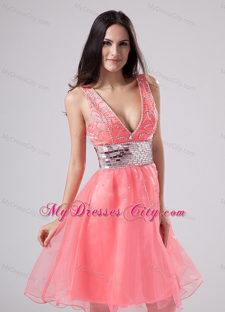 Watermelon Paillette V-neck A-Line Knee-length Prom Dress