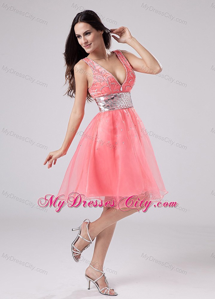 Watermelon Paillette V-neck A-Line Knee-length Prom Dress