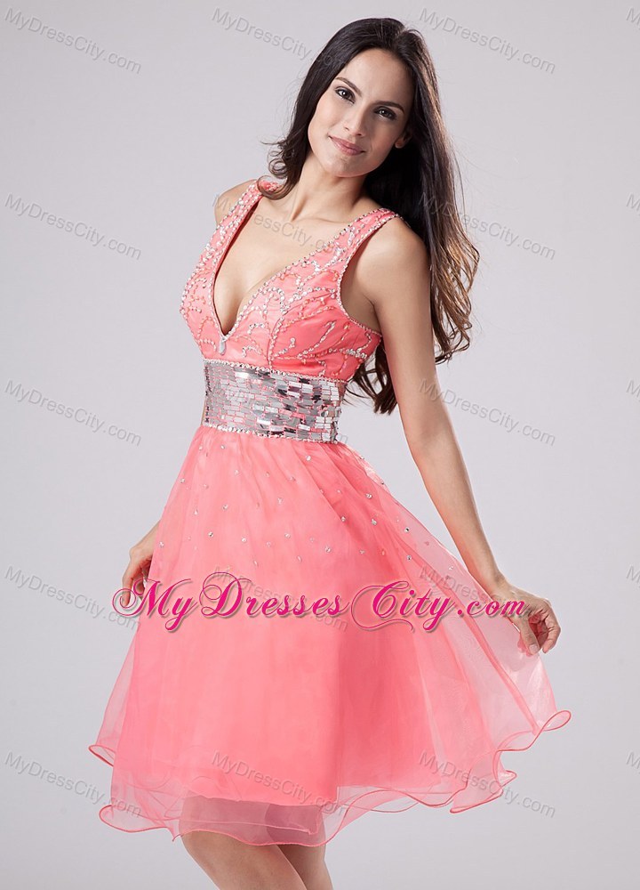 Watermelon Paillette V-neck A-Line Knee-length Prom Dress