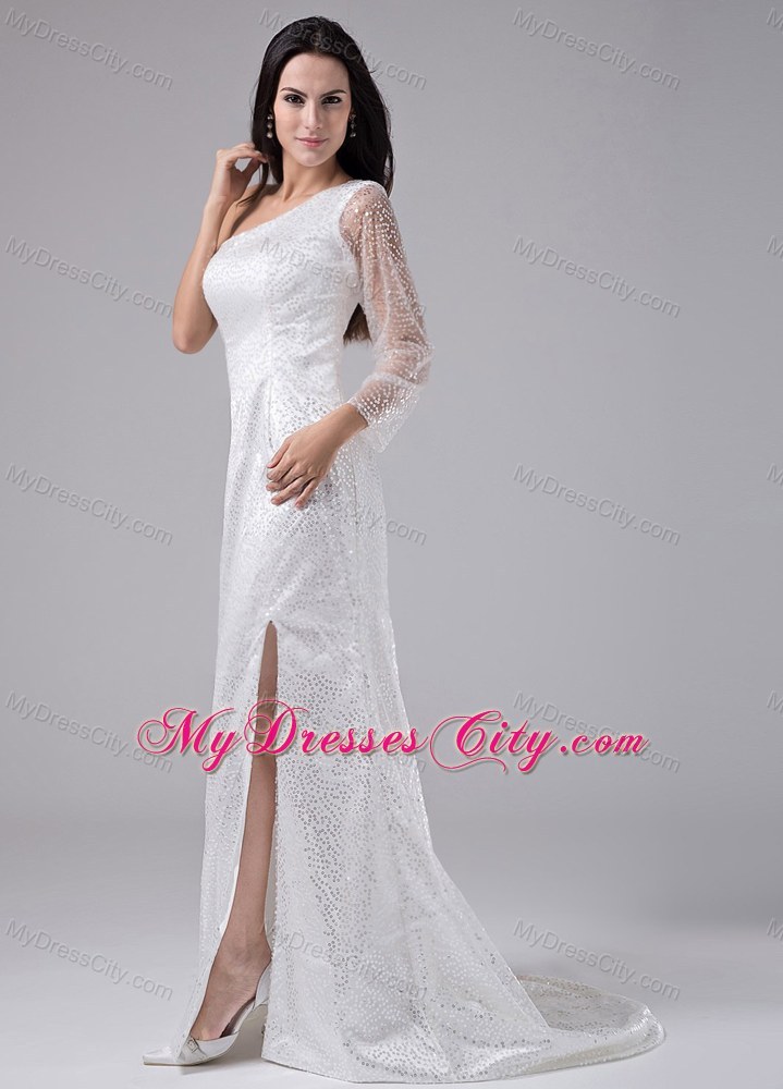 White One Shoulder Sequins Prom Gown with Single Shoulder