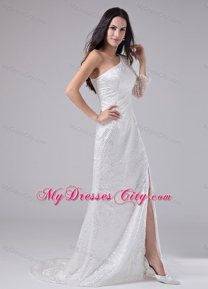 White One Shoulder Sequins Prom Gown with Single Shoulder