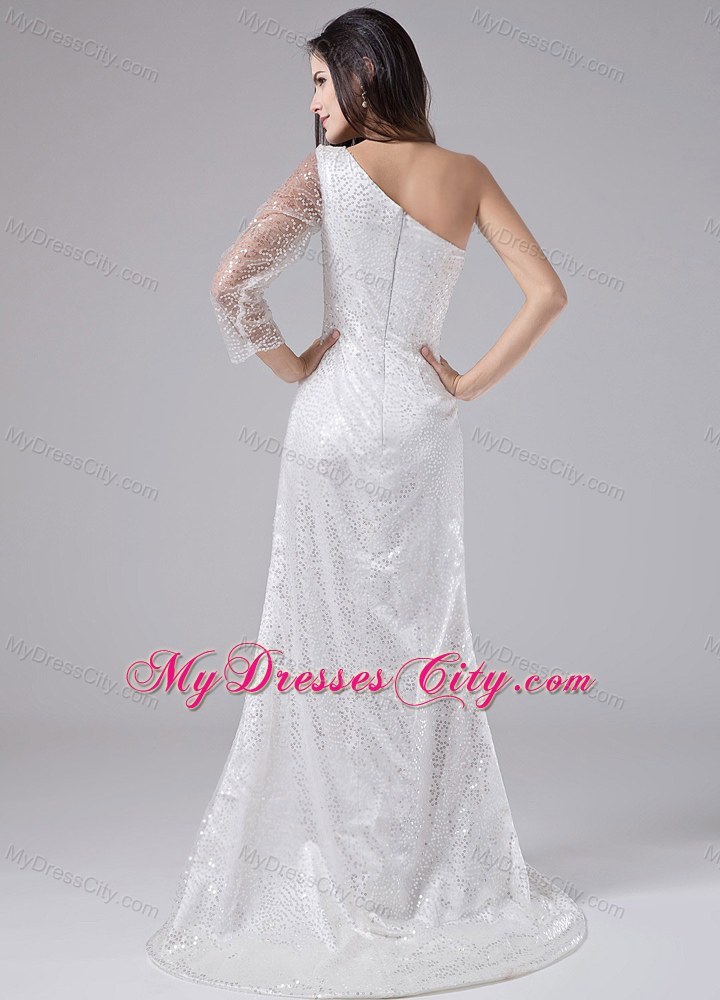 White One Shoulder Sequins Prom Gown with Single Shoulder