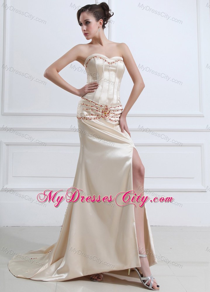 Champagne Skinky Beaded Evening Dress with Court Train