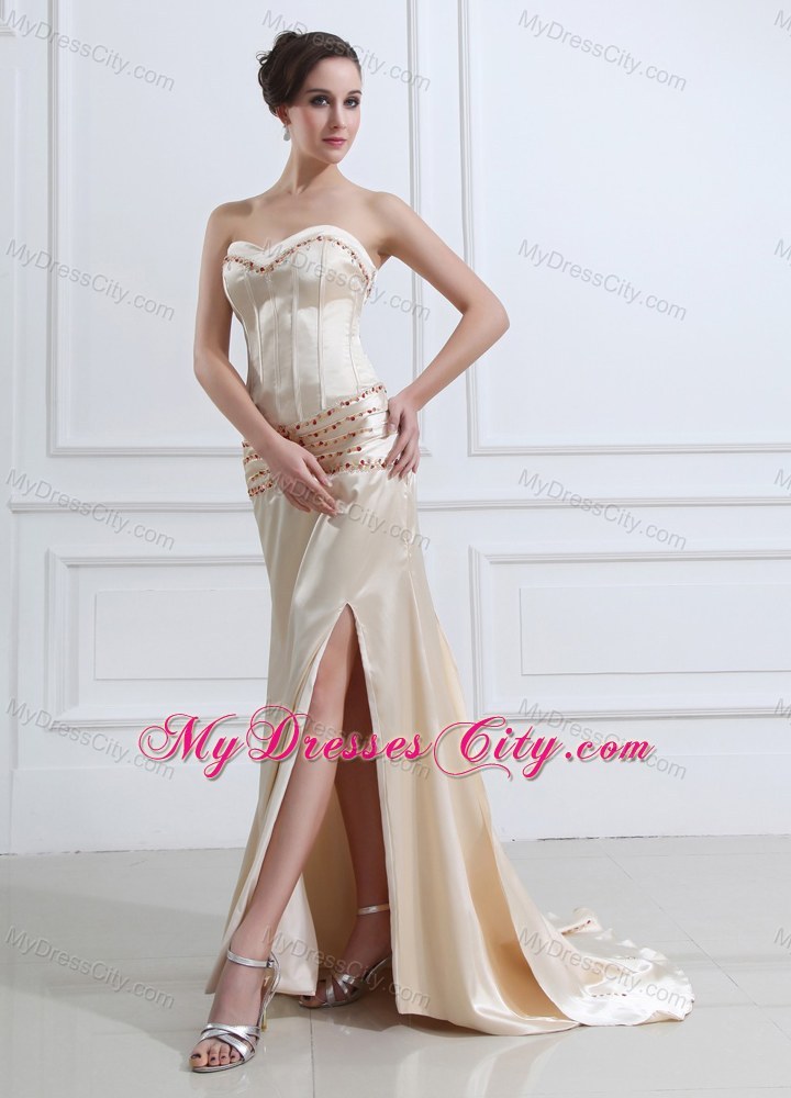 Champagne Skinky Beaded Evening Dress with Court Train