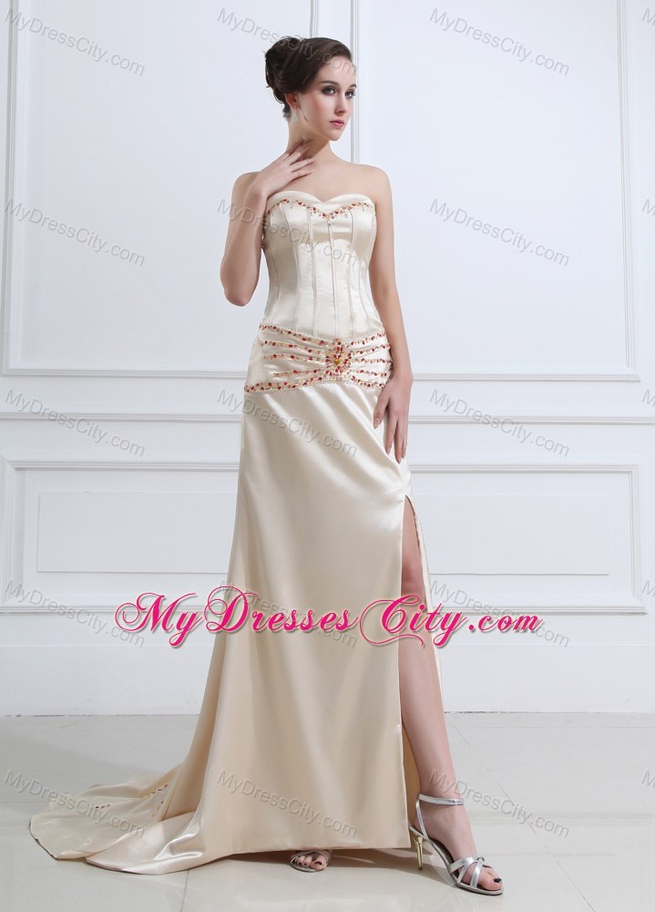 Champagne Skinky Beaded Evening Dress with Court Train