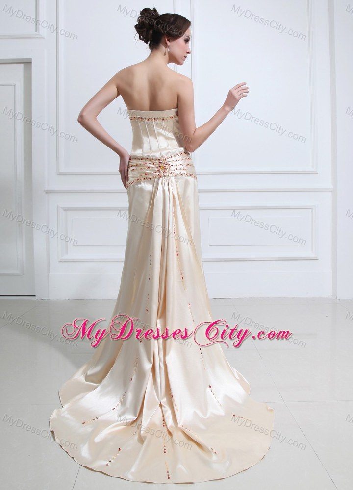 Champagne Skinky Beaded Evening Dress with Court Train