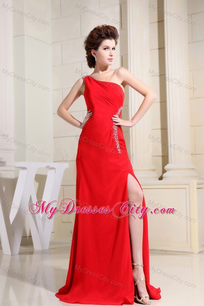 Red One Shoulder Appliques Evening Dress with High Slit