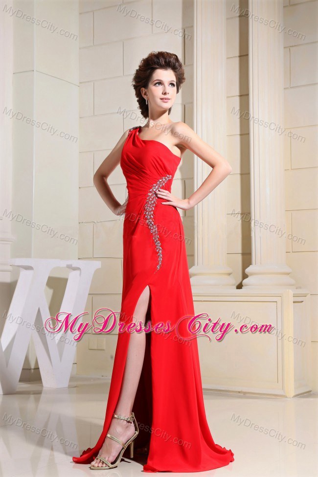 Red One Shoulder Appliques Evening Dress with High Slit