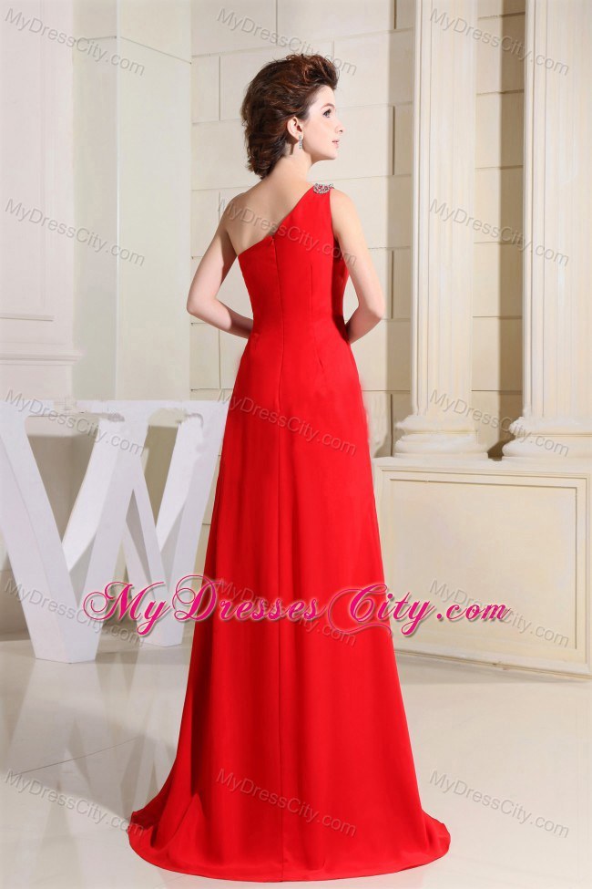 Red One Shoulder Appliques Evening Dress with High Slit