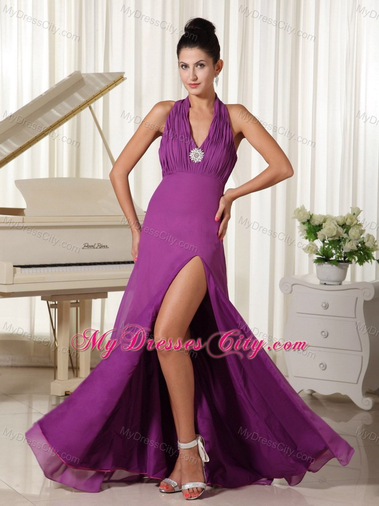 Purple Halter Ruched High Slit Homecoming Dress Mydresscity