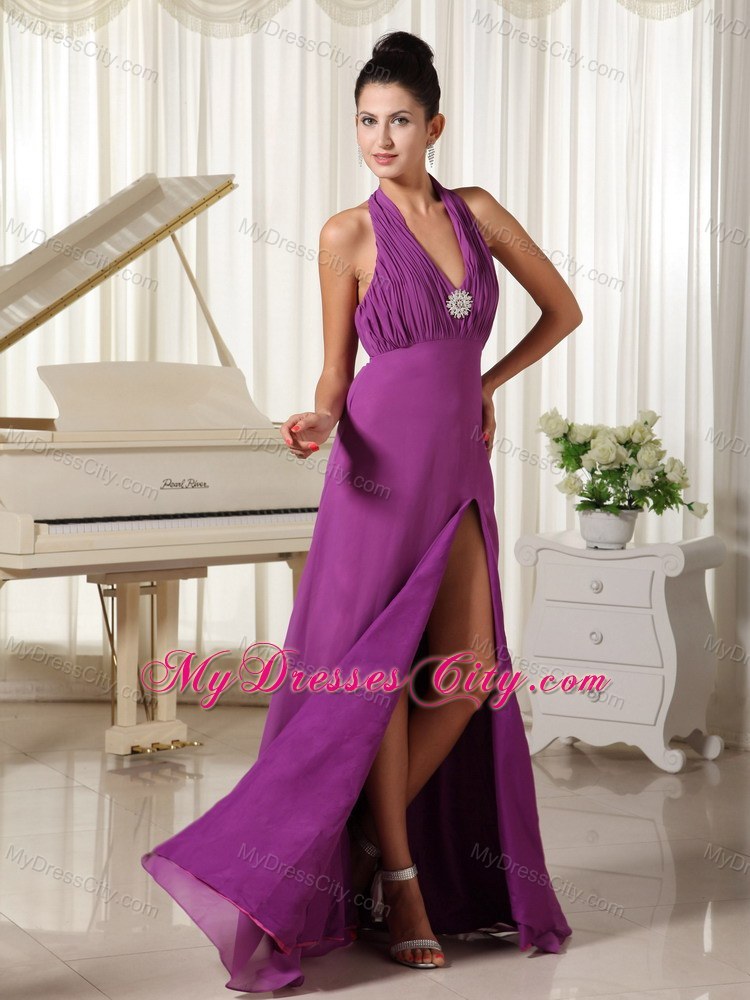 Purple Halter Ruched High Slit Homecoming Dress